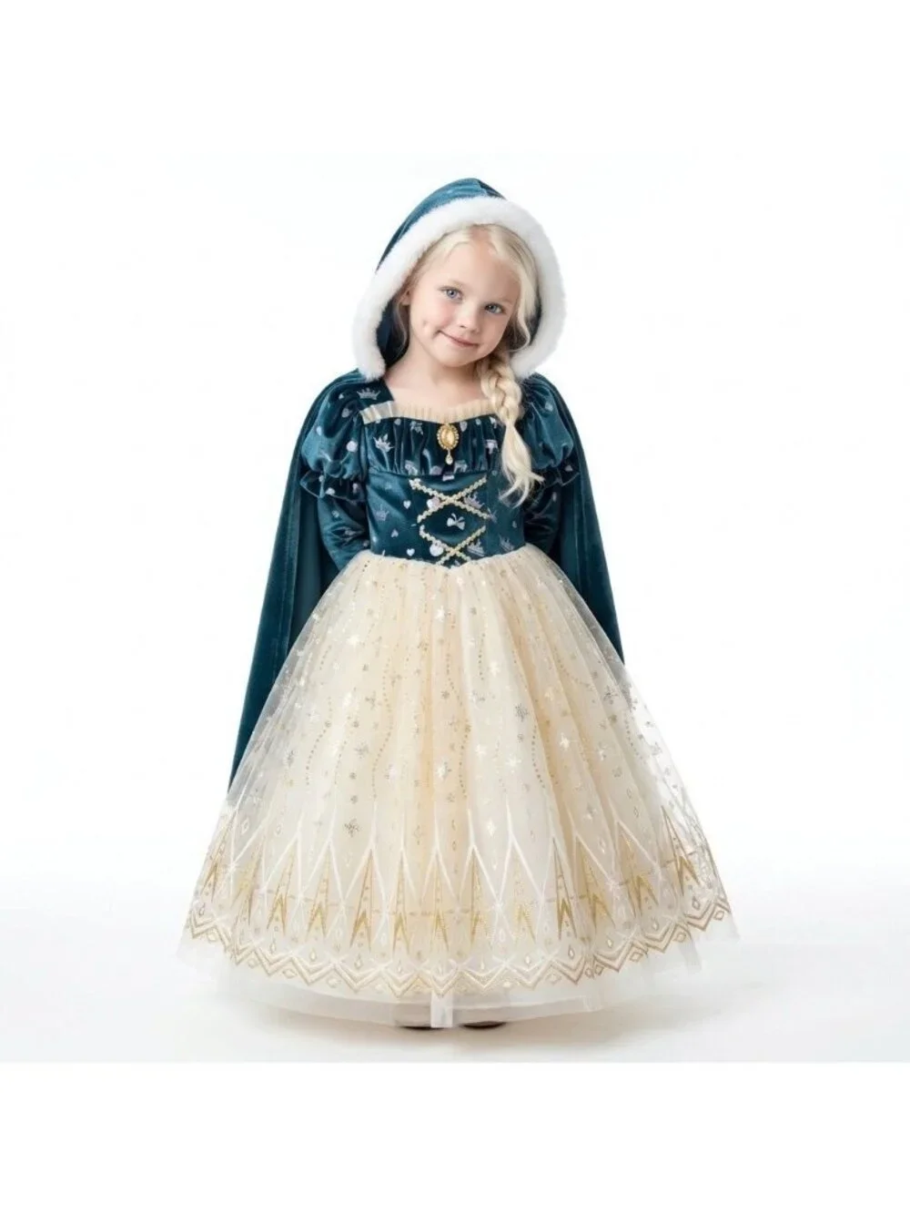 Girls Elsa Frozen Princess Costume Dress Set Teal Cream Velvet Tulle Birthday